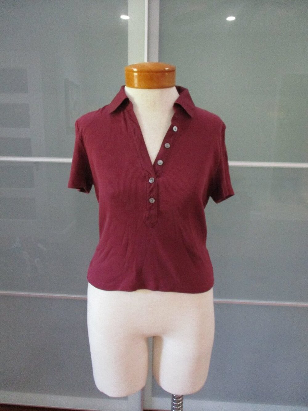 Veronica Beard Burgundy Short Sleeve Ribbed V-Neck Cropped Top
